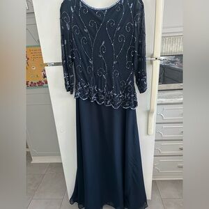 J Kara Midnight Blue Flowing Long Sleeve Gown